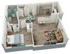3D 1-bedroom, 1-bathroom apartment floor plan at San Marcos Heights 3D-1x1-SanMarcosHeights